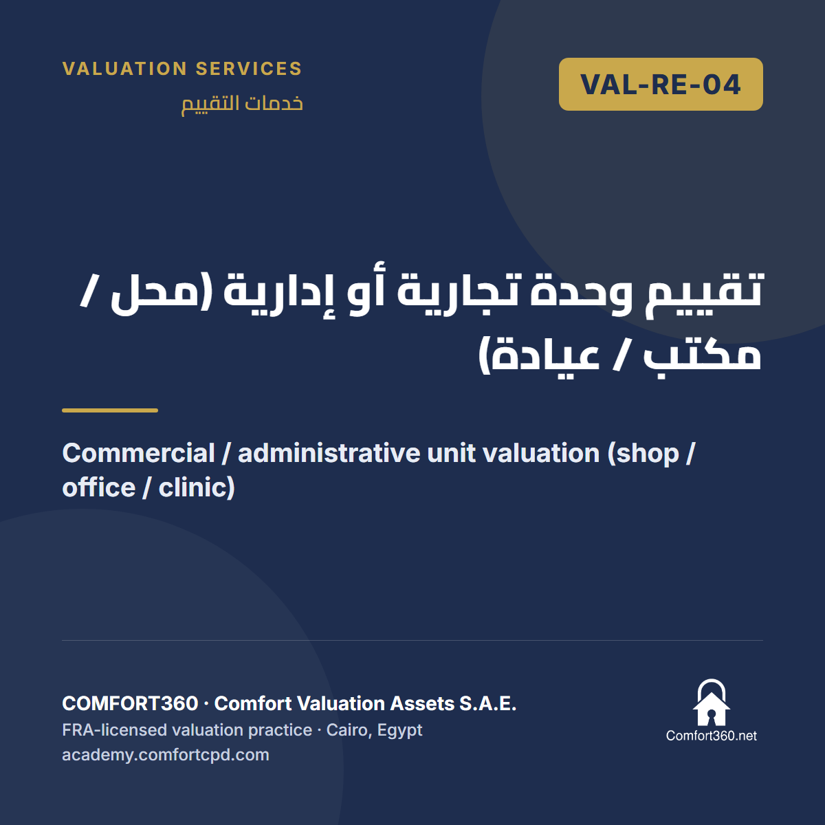 VAL-RE-04 | تقييم وحدة تجارية أو إدارية (محل / مكتب / عيادة) — Commercial / administrative unit valuation (shop / office / clinic)